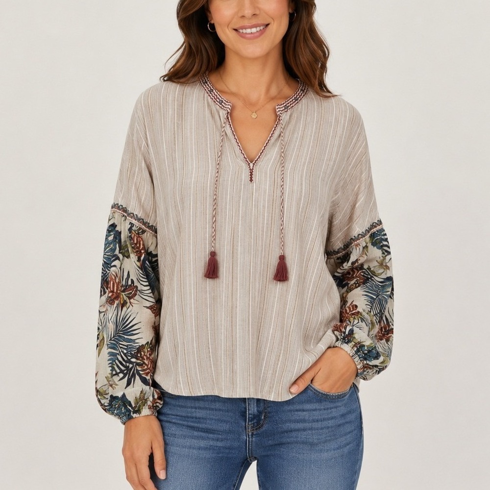 Johnny‎ Was Peasant Style Shirt Tie Neck Tassels Linen Boho Long Sleeve S